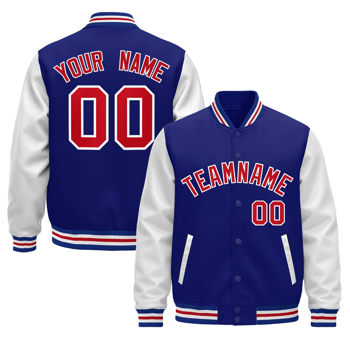 Custom Royal Blue White Red Raglan Sleeves Varsity Full-Snap Leather Sleeves Letterman Jacket| KXKSHOP