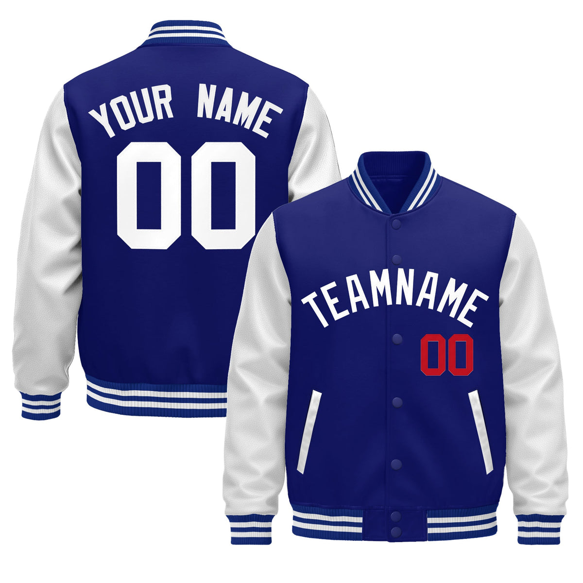Custom Royal Blue White Raglan Sleeves Varsity Full-Snap Leather Sleeves Letterman Jacket| KXKSHOP