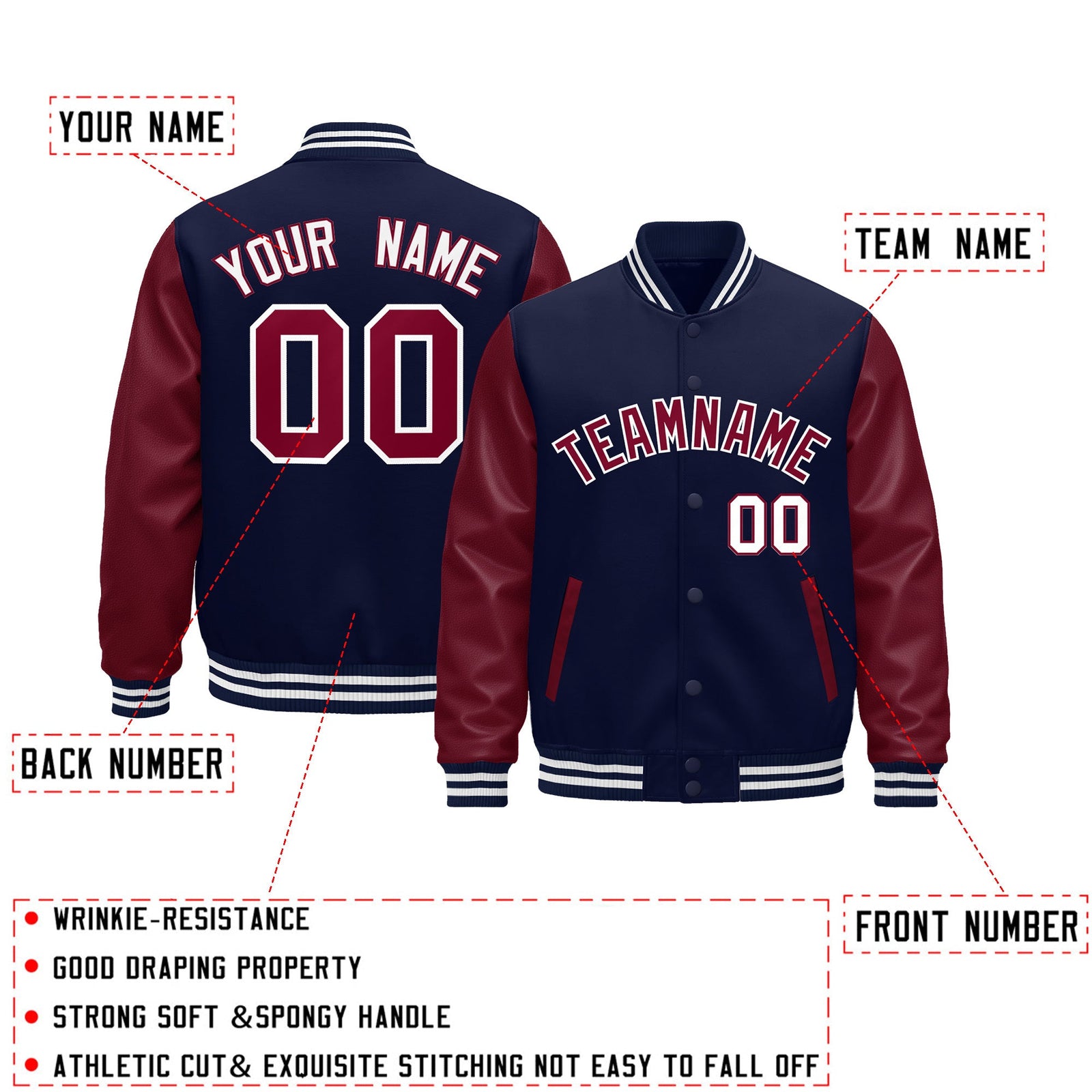 Custom Navy Burgundy White Crimson Raglan Sleeves Varsity Full-Snap Leather Sleeves Letterman Jacket| KXKSHOP