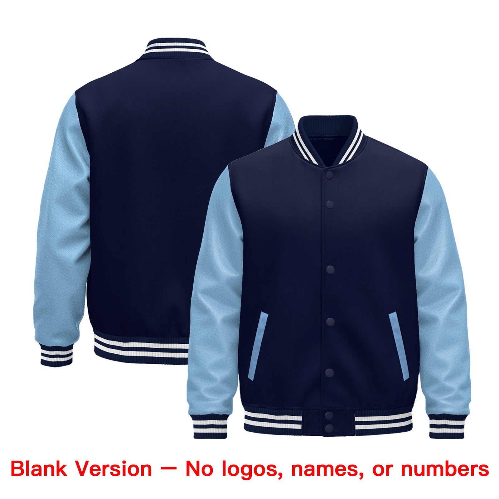 Custom Navy Light Blue White Raglan Sleeves Varsity Full-Snap Leather Sleeves Letterman Jacket| KXKSHOP