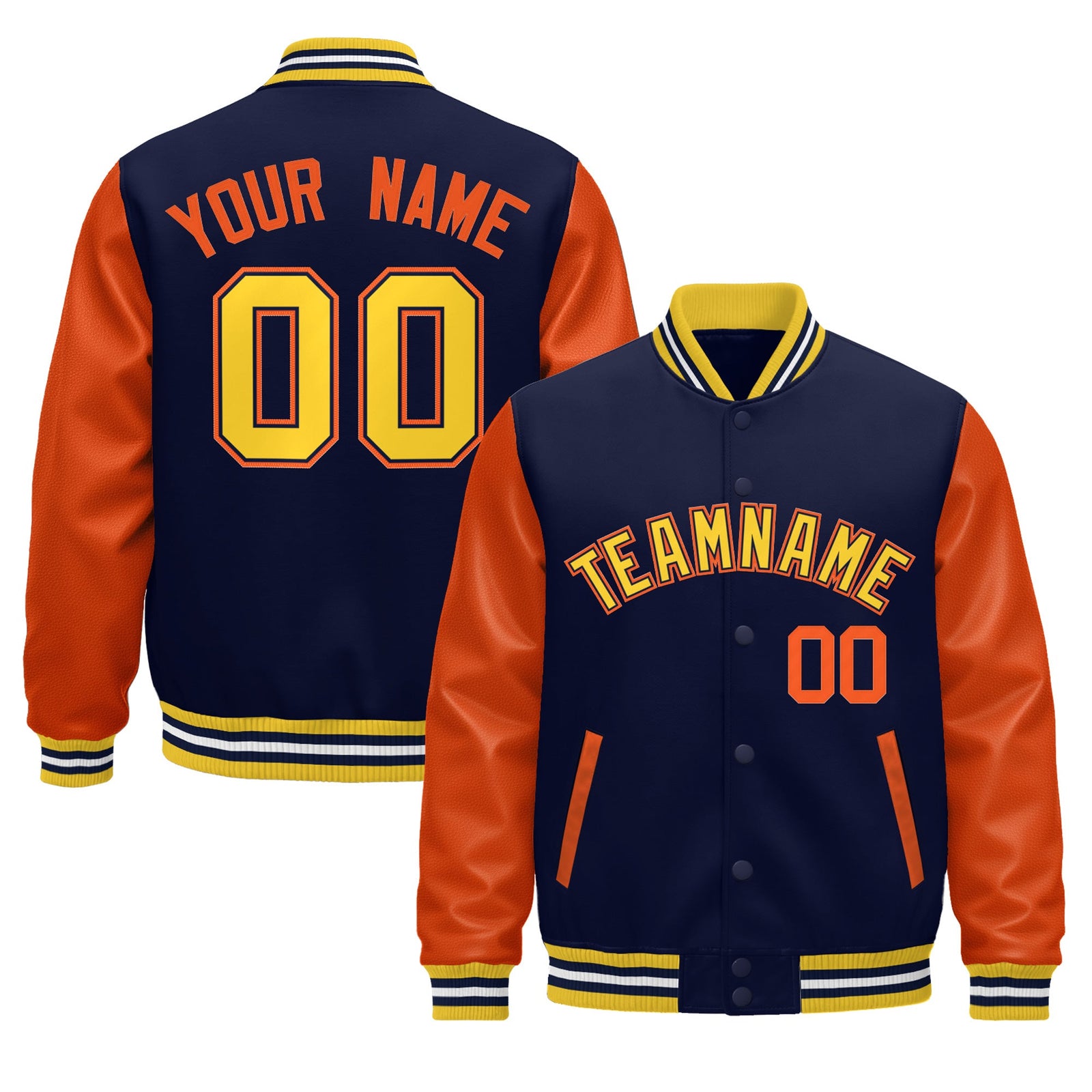 Custom Gold Orange Navy White Raglan Sleeves Varsity Full-Snap Leather Sleeves Letterman Jacket| KXKSHOP