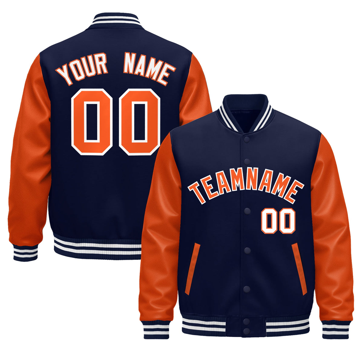 Custom Navy Orange White Raglan Sleeves Varsity Full-Snap Leather Sleeves Letterman Jacket| KXKSHOP