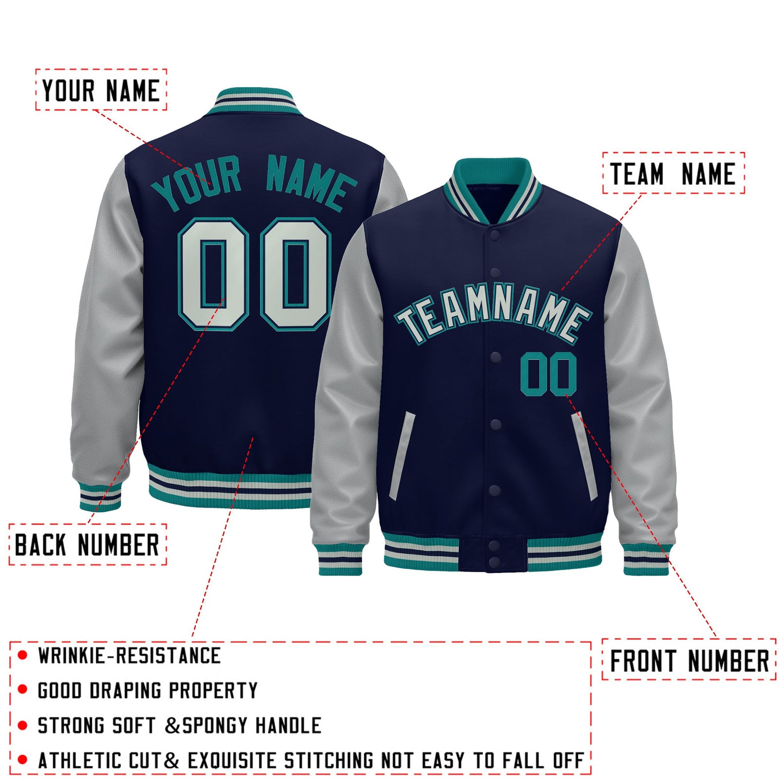 Custom Teal Gray Navy Raglan Sleeves Varsity Full-Snap Leather Sleeves Letterman Jacket| KXKSHOP