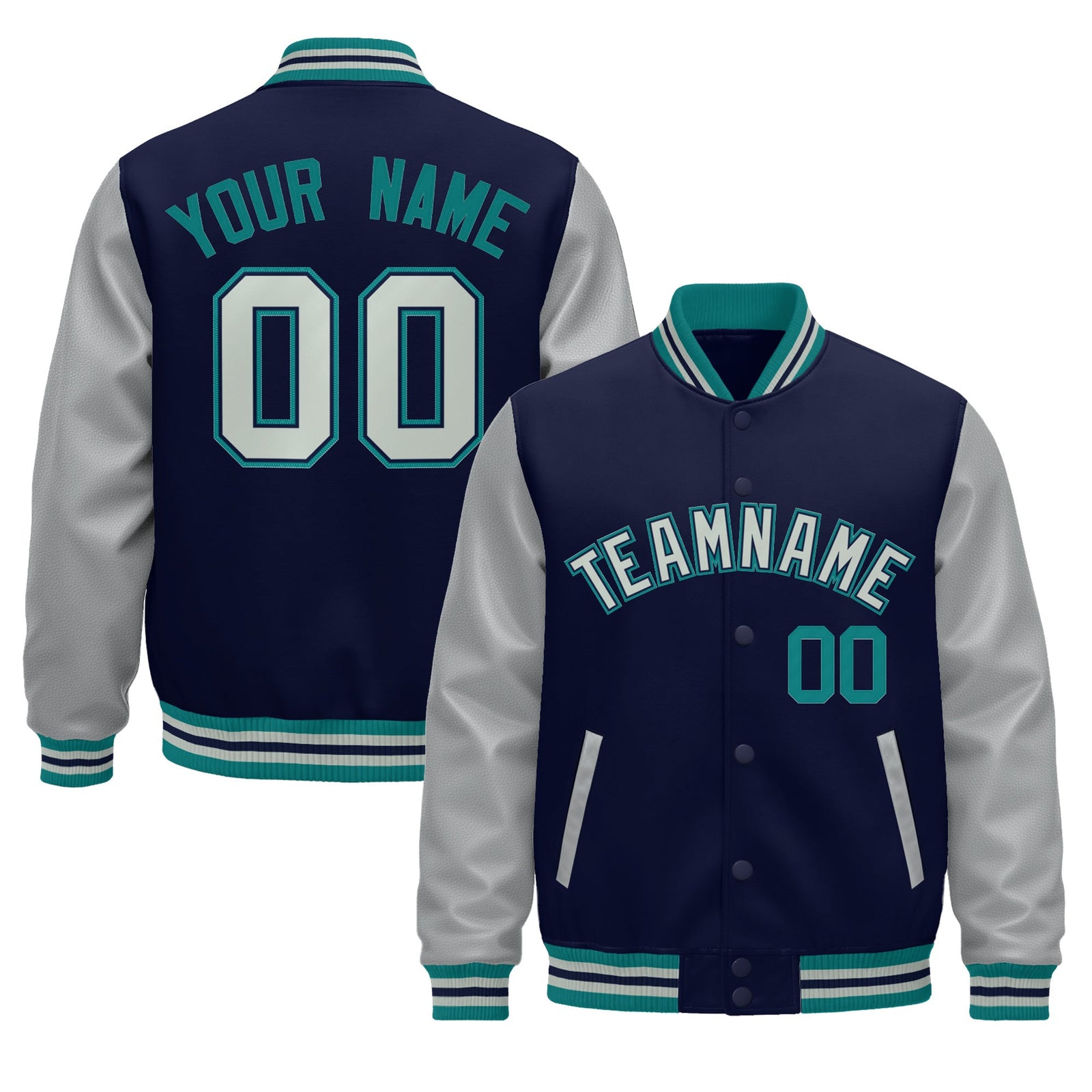 Custom Teal Gray Navy Raglan Sleeves Varsity Full-Snap Leather Sleeves Letterman Jacket| KXKSHOP