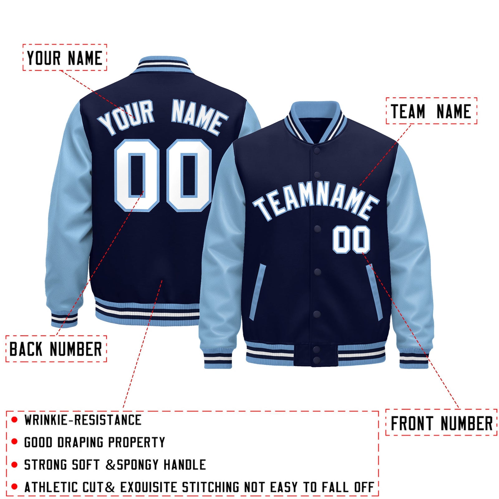Custom Light Blue Navy White Raglan Sleeves Varsity Full-Snap Leather Sleeves Letterman Jacket| KXKSHOP