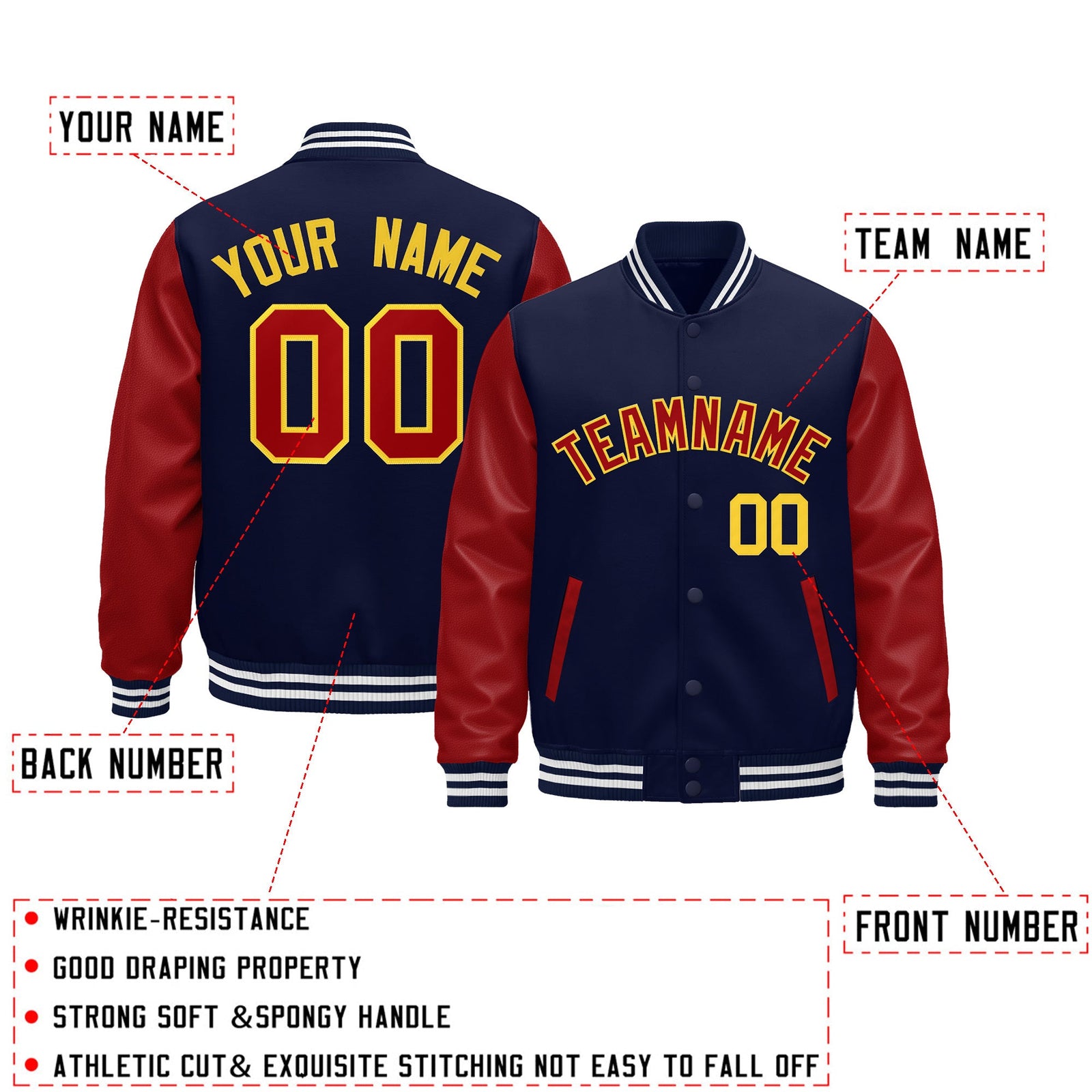 Custom Navy Red White Gold Raglan Sleeves Varsity Full-Snap Leather Sleeves Letterman Jacket| KXKSHOP