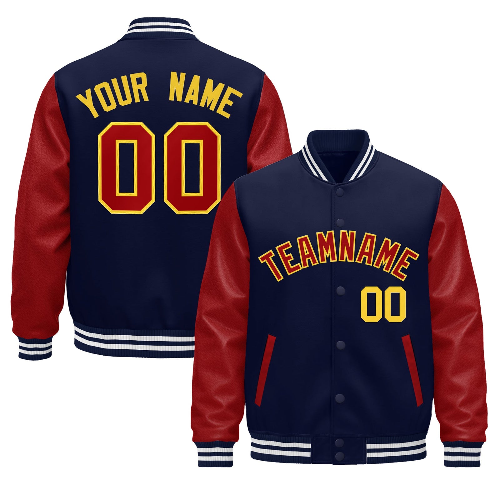Custom Navy Red White Gold Raglan Sleeves Varsity Full-Snap Leather Sleeves Letterman Jacket| KXKSHOP