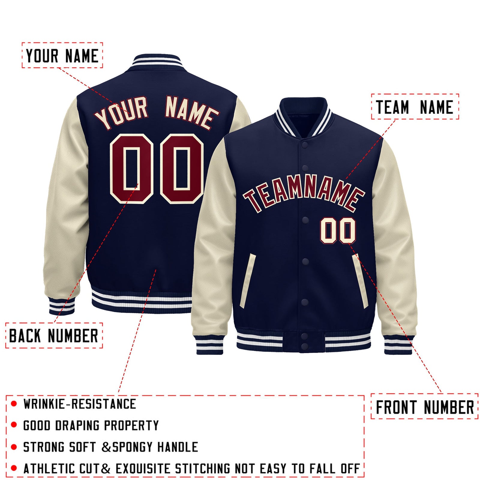 Custom Navy Cream White Raglan Sleeves Varsity Full-Snap Leather Sleeves Letterman Jacket| KXKSHOP