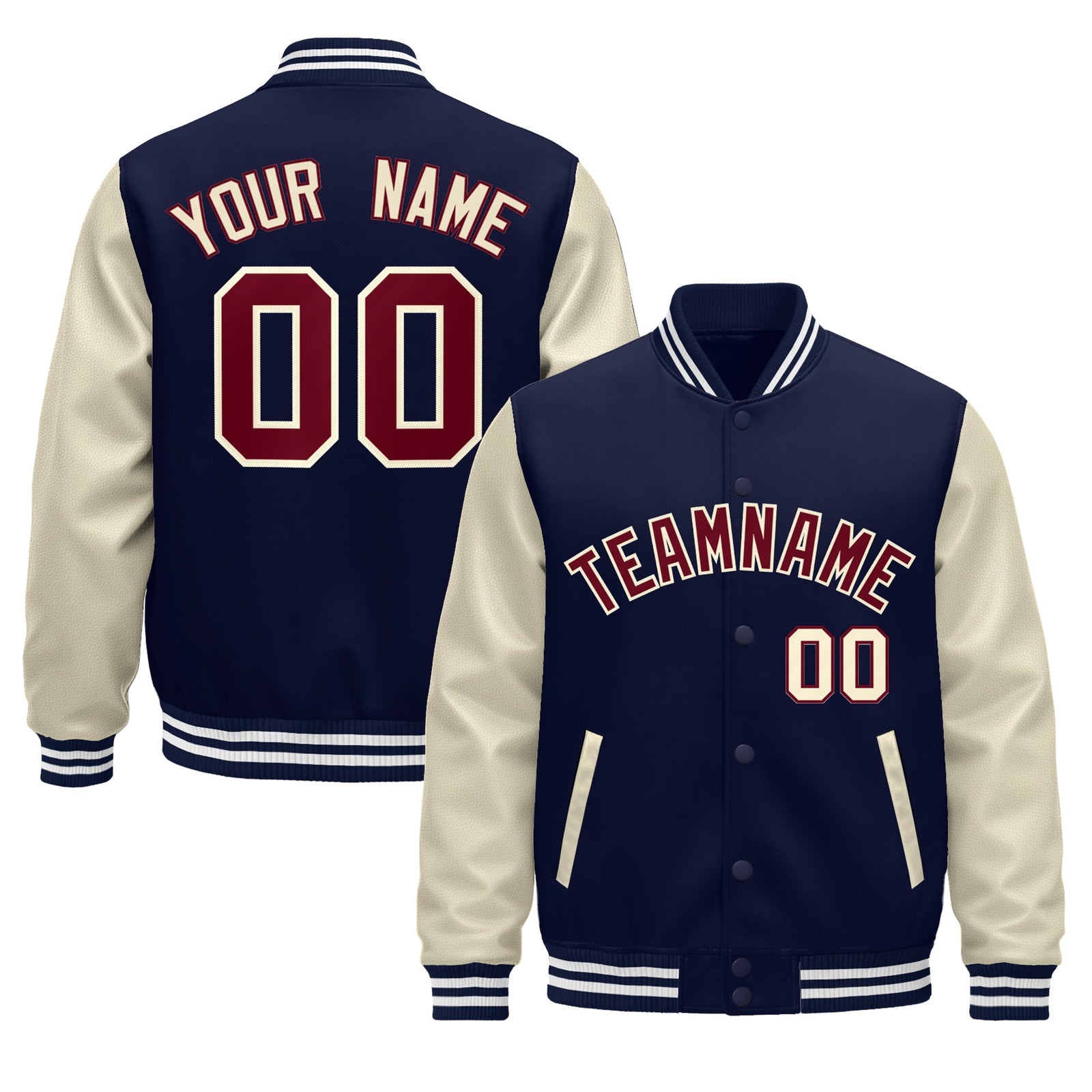 Custom Navy Cream White Raglan Sleeves Varsity Full-Snap Leather Sleeves Letterman Jacket| KXKSHOP