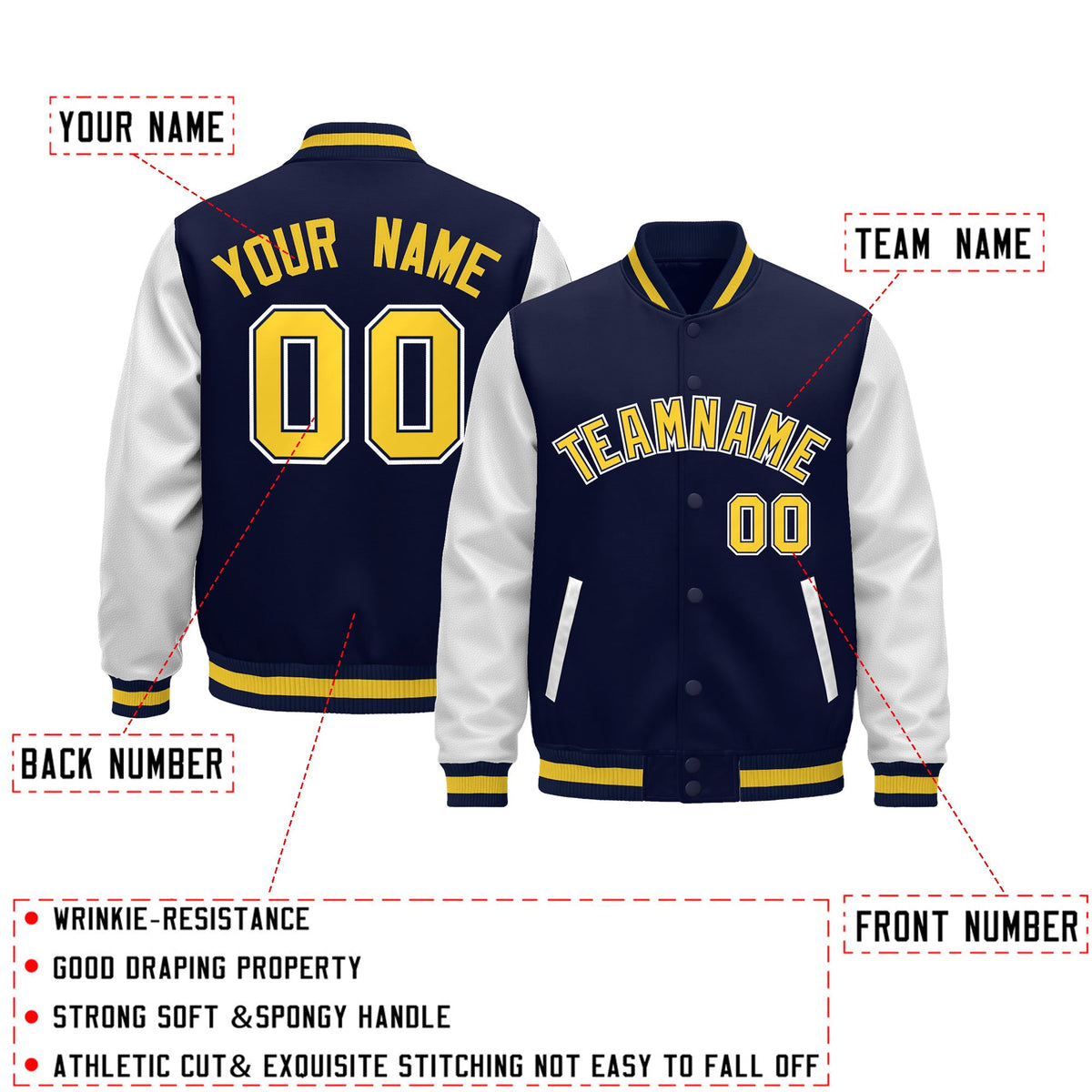 Custom Navy White Gold Raglan Sleeves Varsity Full-Snap Leather Sleeves Letterman Jacket| KXKSHOP