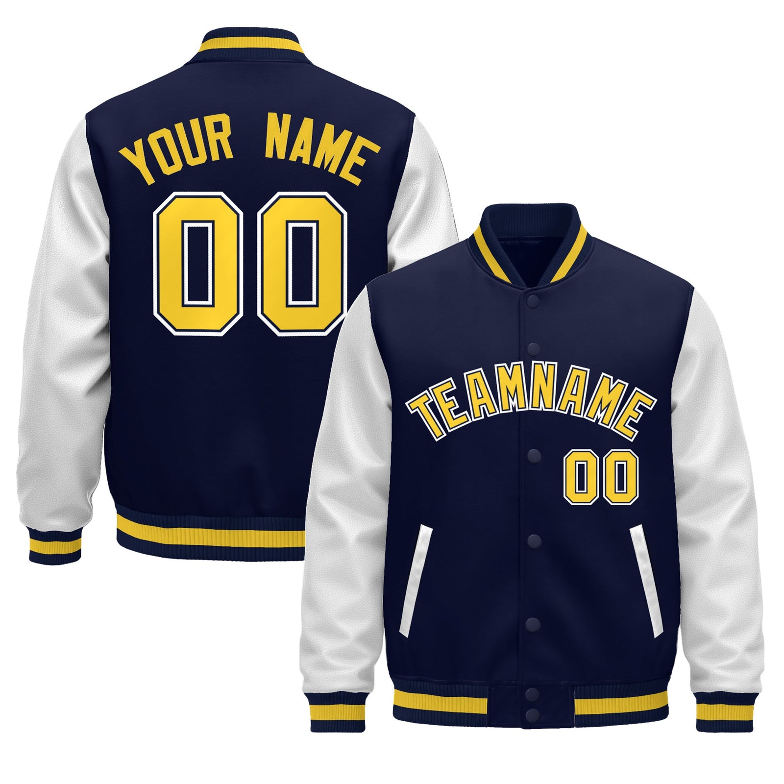 Custom Navy White Gold Raglan Sleeves Varsity Full-Snap Leather Sleeves Letterman Jacket| KXKSHOP