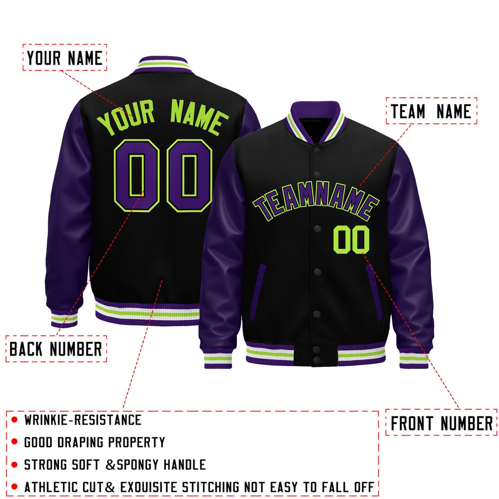 Custom Purple Black Neon Green Raglan Sleeves Varsity Full-Snap Leather Sleeves Letterman Jacket| KXKSHOP