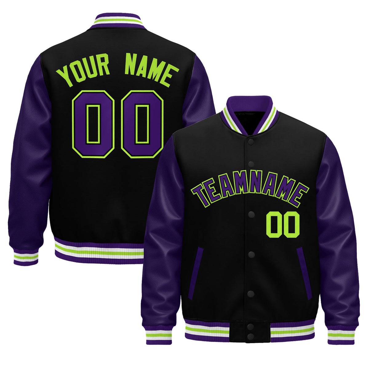 Custom Purple Black Neon Green Raglan Sleeves Varsity Full-Snap Leather Sleeves Letterman Jacket| KXKSHOP