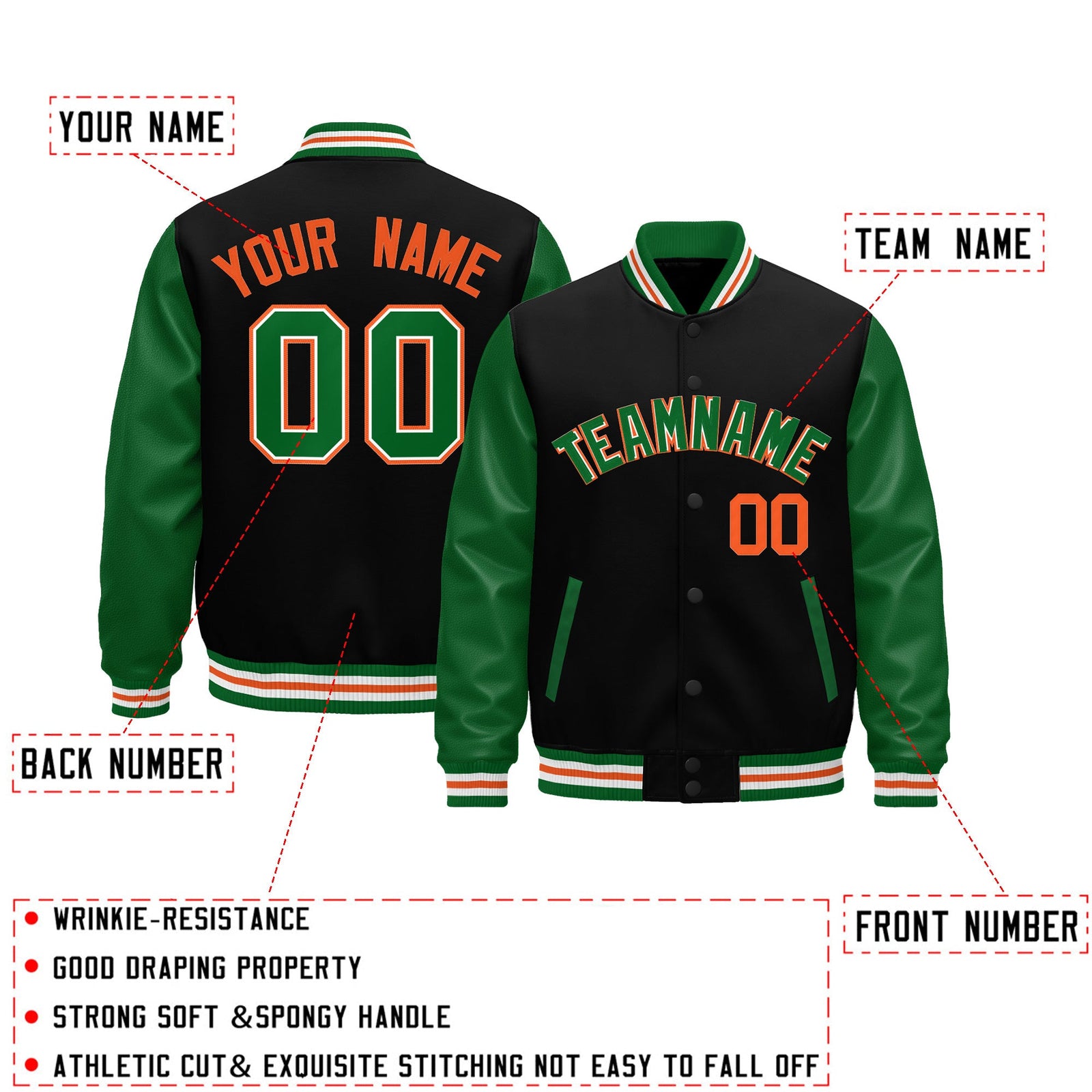 Custom Black Kelly Green White Orange Raglan Sleeves Varsity Full-Snap Leather Sleeves Letterman Jacket| KXKSHOP