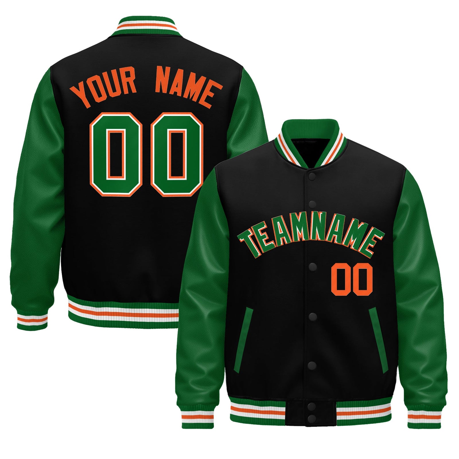 Custom Black Kelly Green White Orange Raglan Sleeves Varsity Full-Snap Letterman Jacket| KXKSHOP