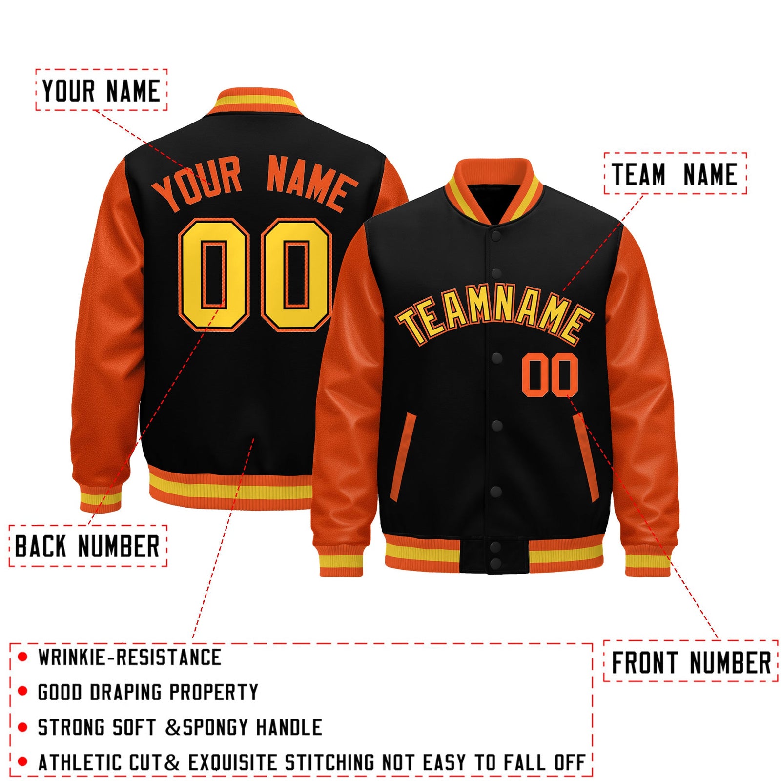 Custom Black Orange Gold Raglan Sleeves Varsity Full-Snap Leather Sleeves Letterman Jacket| KXKSHOP