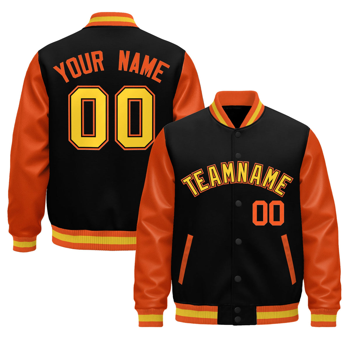 Custom Black Orange Gold Raglan Sleeves Varsity Full-Snap Leather Sleeves Letterman Jacket| KXKSHOP