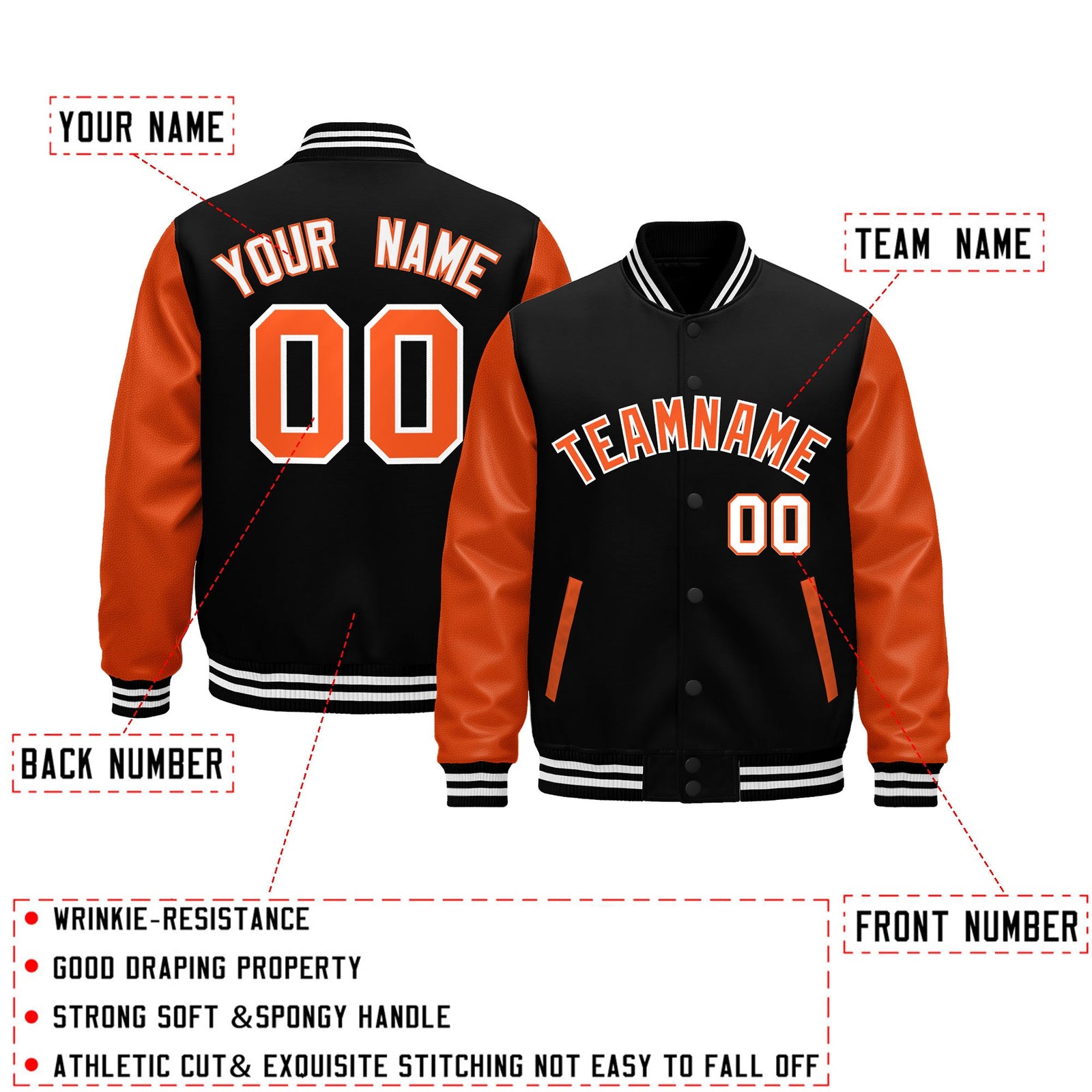 Custom Black Orange White Raglan Sleeves Varsity Full-Snap Leather Sleeves Letterman Jacket| KXKSHOP