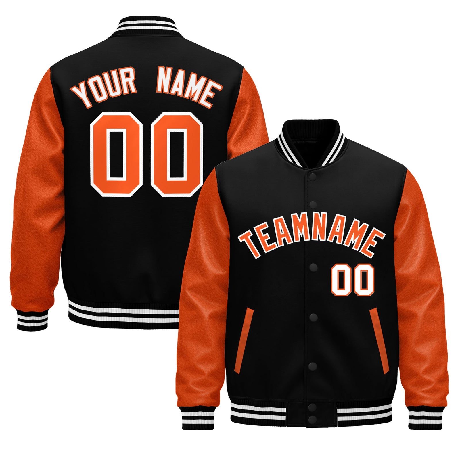 Custom Black Orange White Raglan Sleeves Varsity Full-Snap Leather Sleeves Letterman Jacket| KXKSHOP