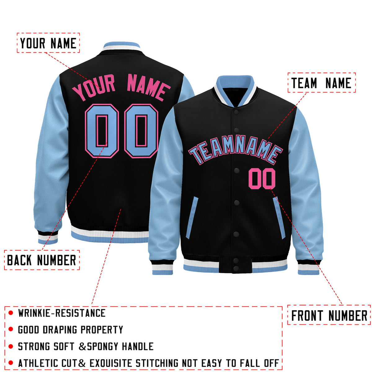 Custom Black Light Blue White Rose Red Raglan Sleeves Varsity Full-Snap Leather Sleeves Letterman Jacket| KXKSHOP