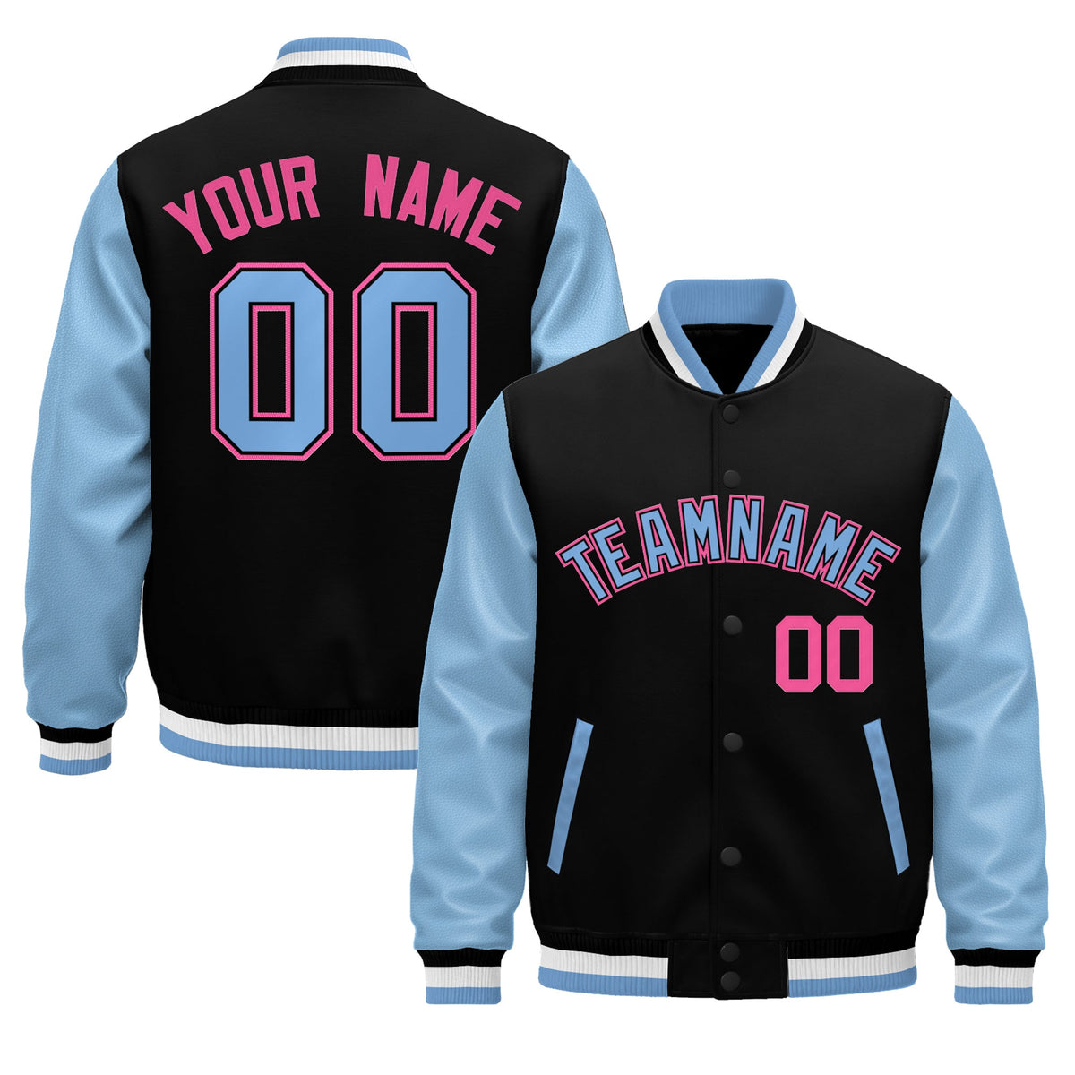 Custom Black Light Blue White Rose Red Raglan Sleeves Varsity Full-Snap Leather Sleeves Letterman Jacket| KXKSHOP