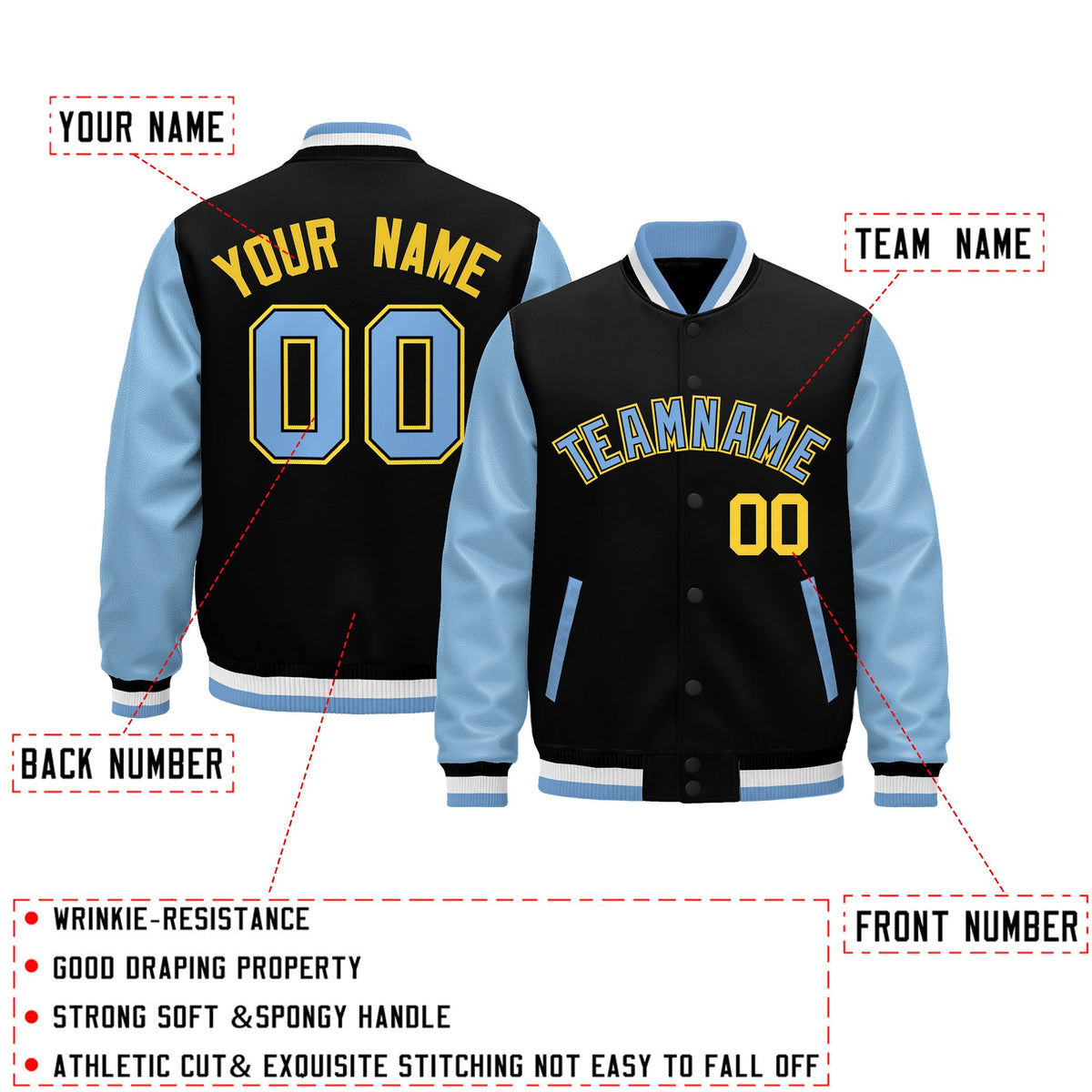 Custom Black Light Blue White Raglan Sleeves Varsity Full-Snap Leather Sleeves Letterman Jacket| KXKSHOP