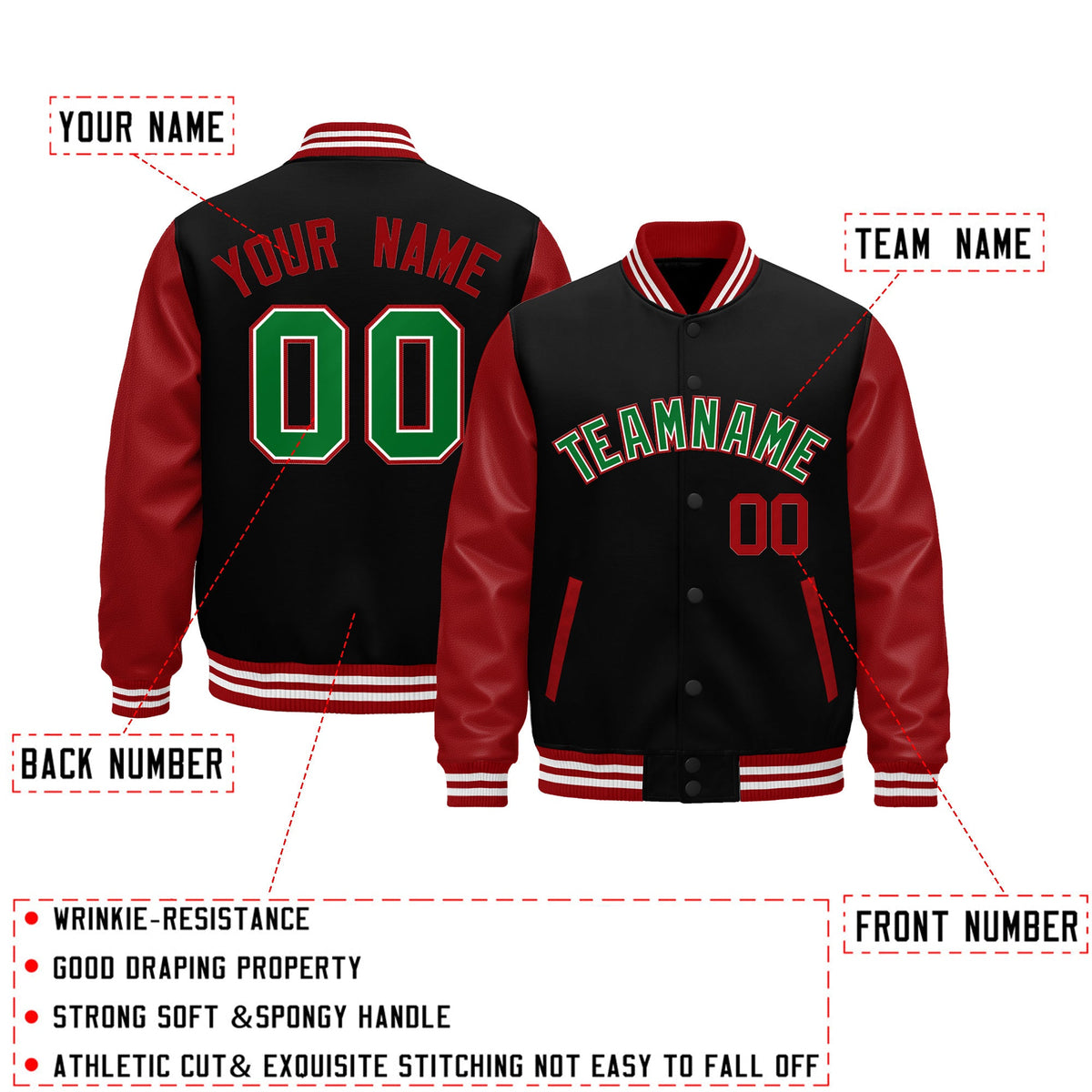Custom Black Red White Kelly Green Raglan Sleeves Varsity Full-Snap Letterman Jacket| KXKSHOP
