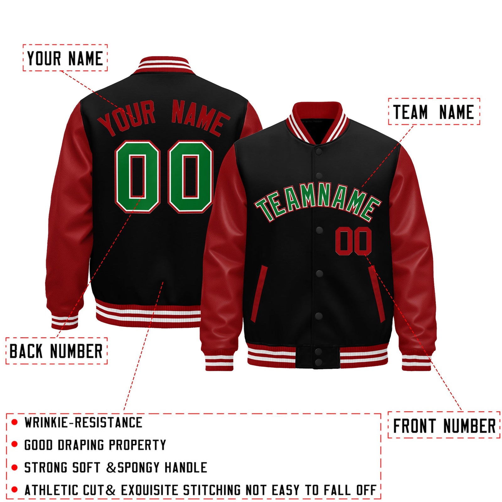 Custom Black Red Kelly Green Raglan Sleeves Varsity Full-Snap Leather Sleeves Letterman Jacket| KXKSHOP