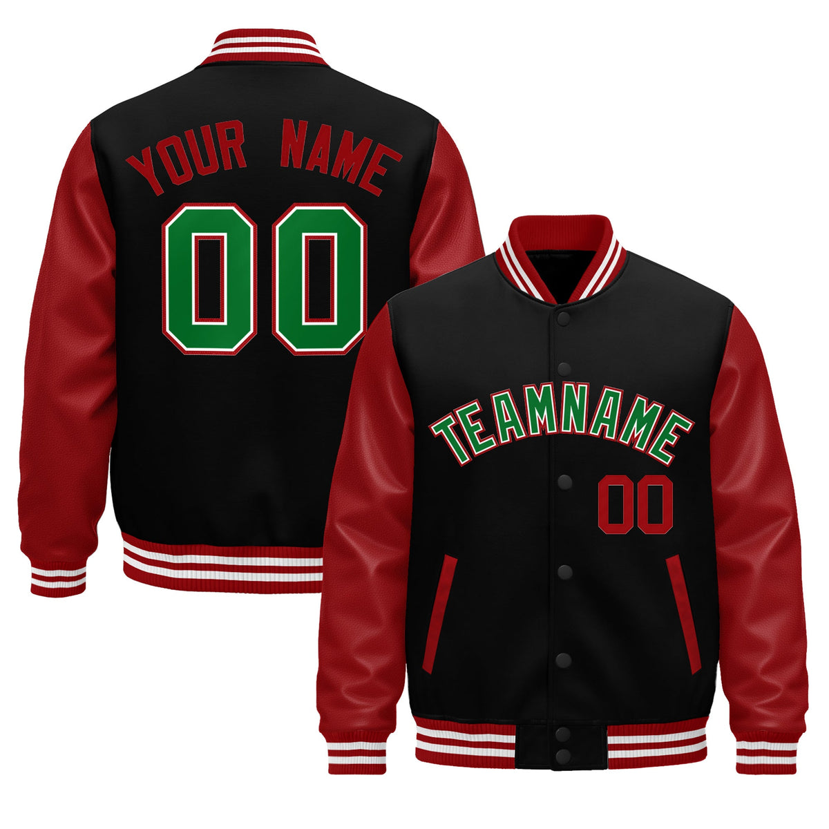 Custom Black Red White Kelly Green Raglan Sleeves Varsity Full-Snap Letterman Jacket| KXKSHOP