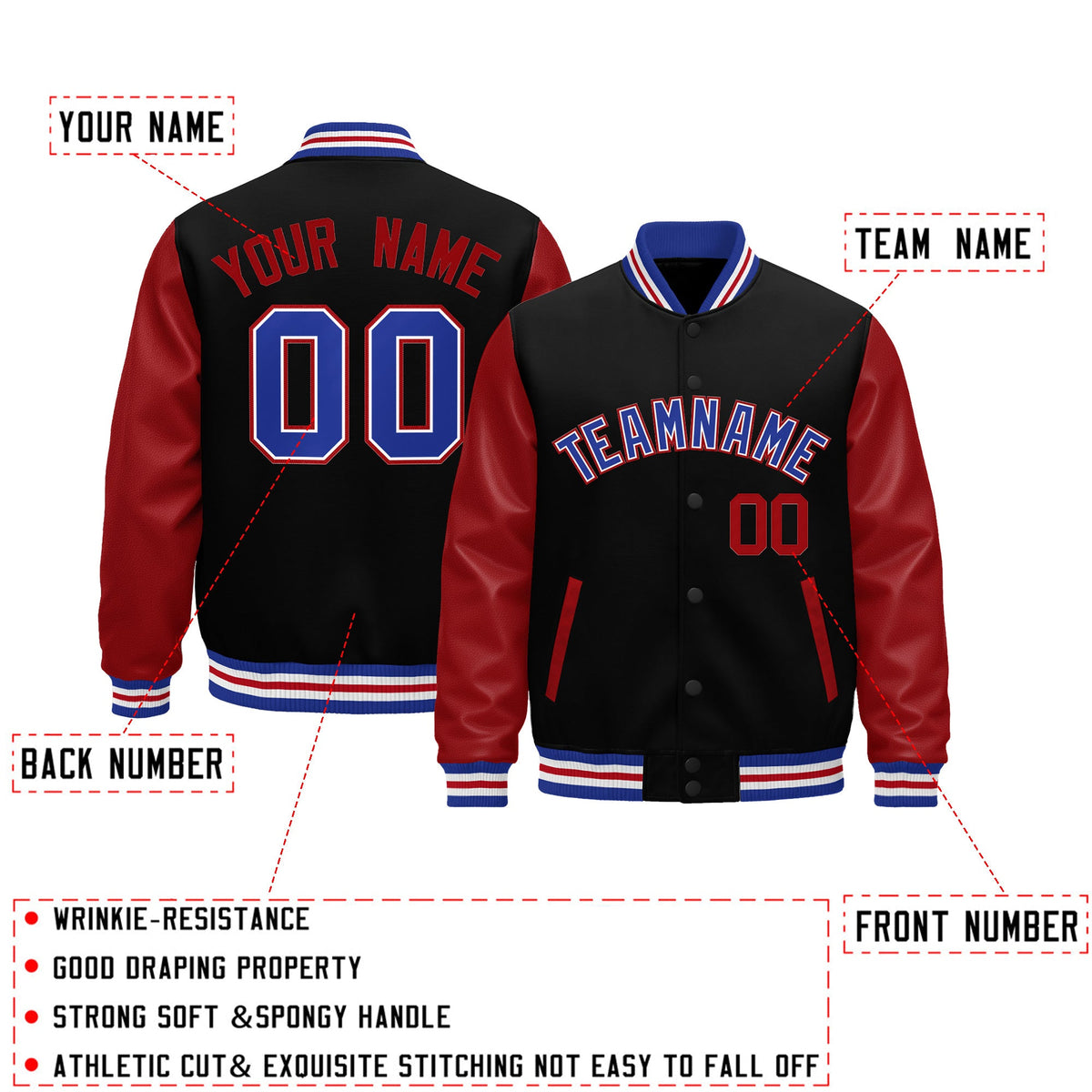 Custom Black Red Royal Blue White Raglan Sleeves Varsity Full-Snap Leather Sleeves Letterman Jacket| KXKSHOP