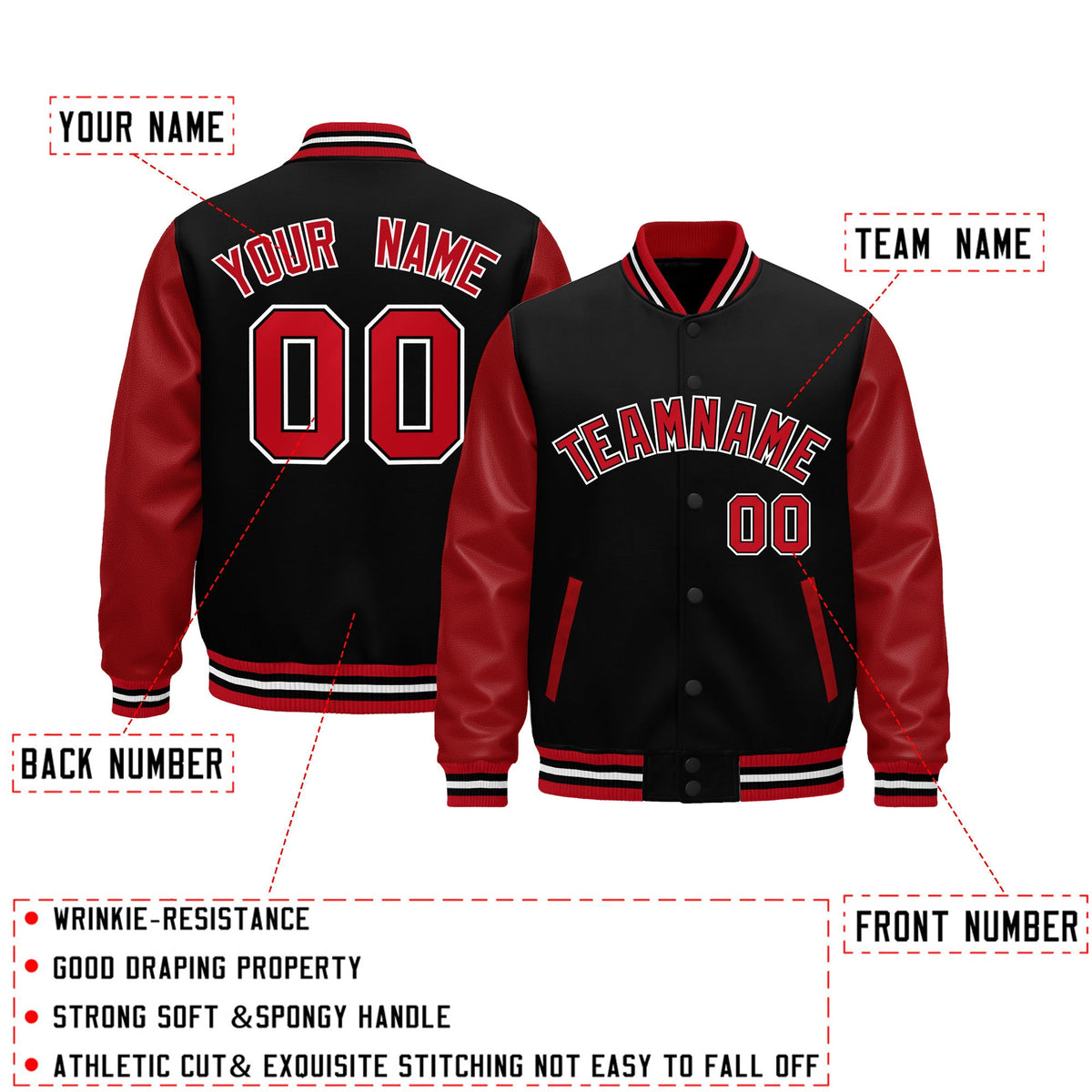 Custom Red Black White Raglan Sleeves Varsity Full-Snap Leather Sleeves Letterman Jacket| KXKSHOP