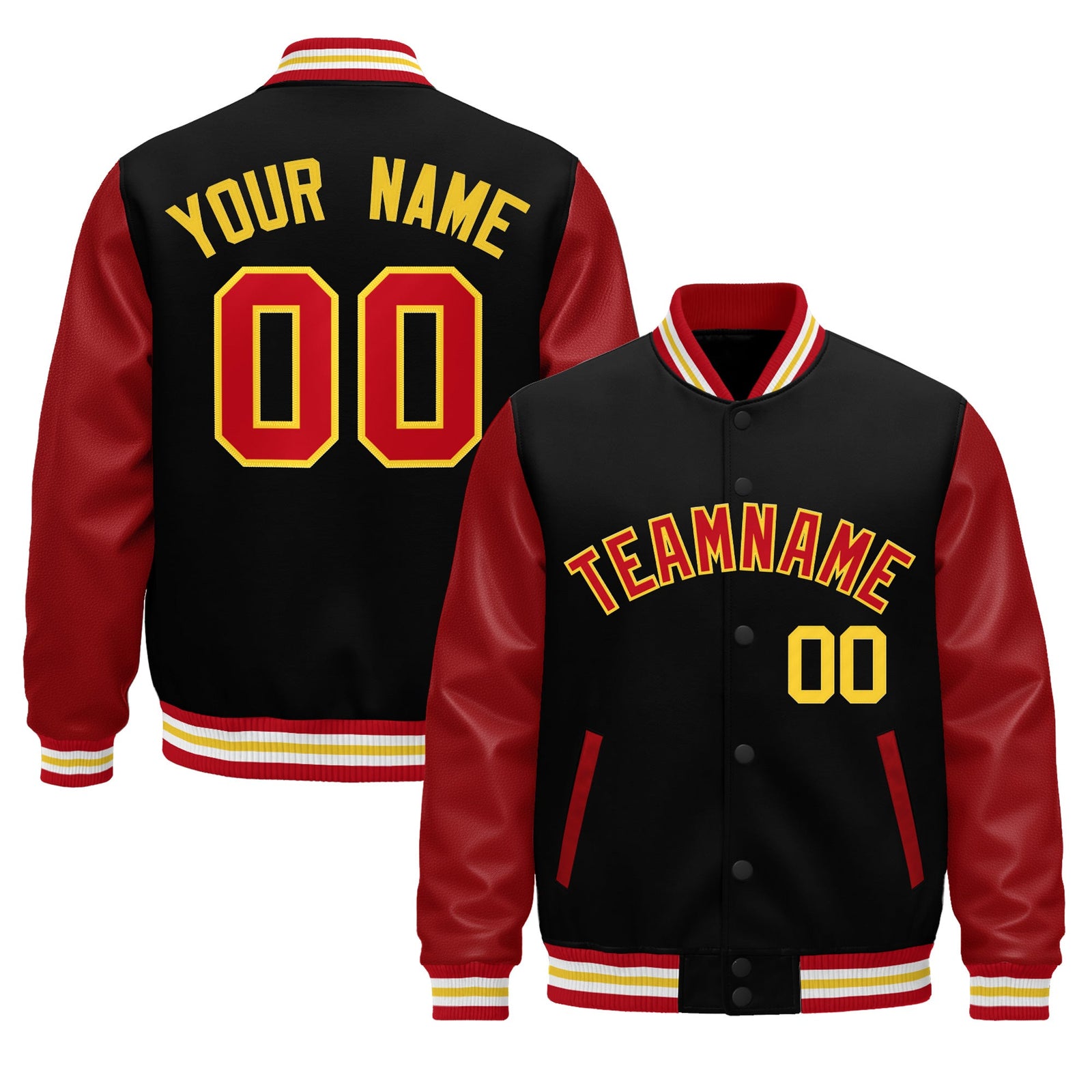 Custom Black Red White Gold Raglan Sleeves Varsity Full-Snap Leather Sleeves Letterman Jacket| KXKSHOP