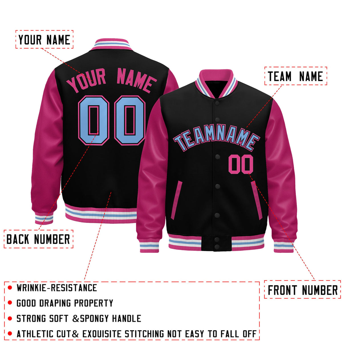 Custom Black Pink White Light Blue Raglan Sleeves Varsity Full-Snap Leather Sleeves Letterman Jacket| KXKSHOP
