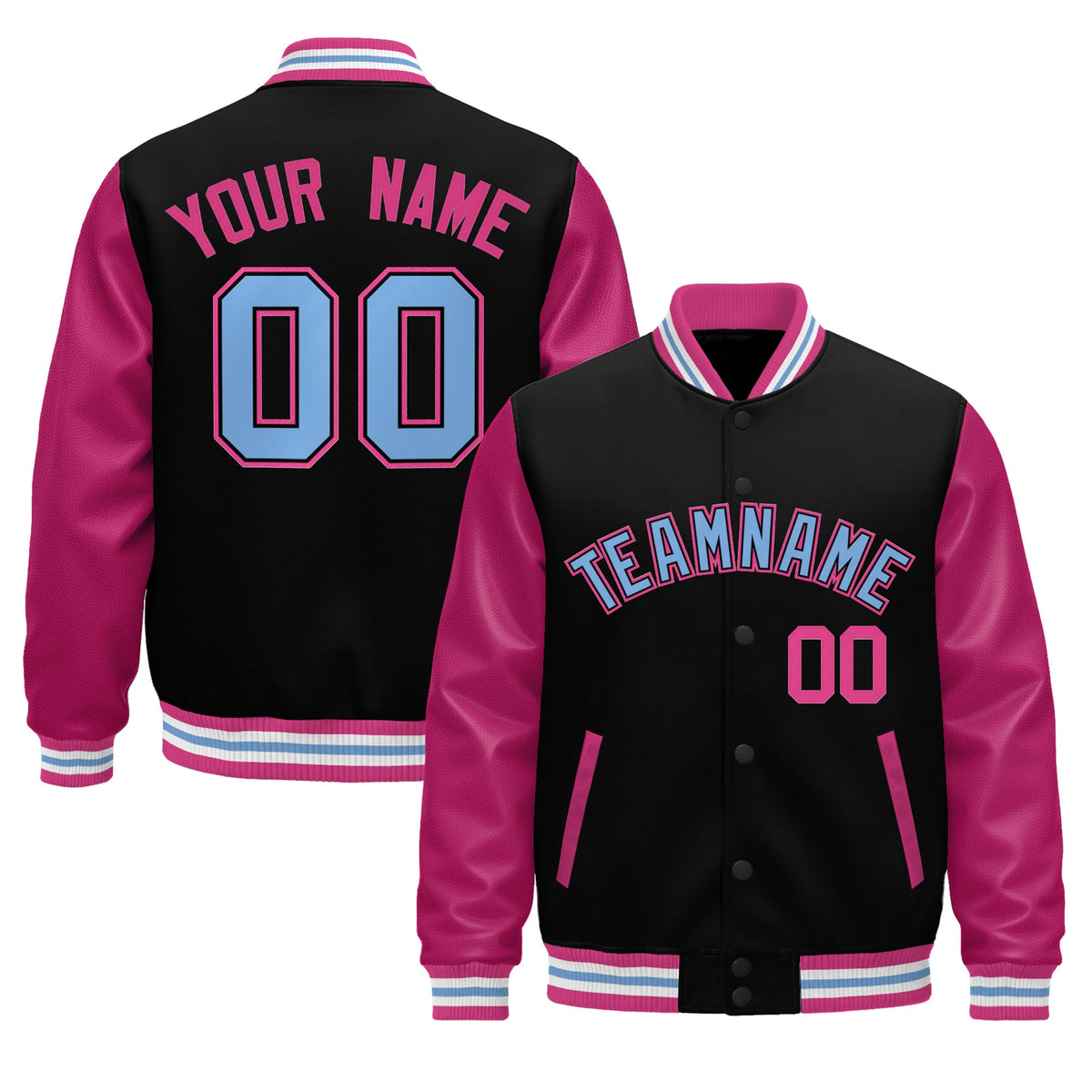 Custom Black Pink White Light Blue Raglan Sleeves Varsity Full-Snap Leather Sleeves Letterman Jacket| KXKSHOP