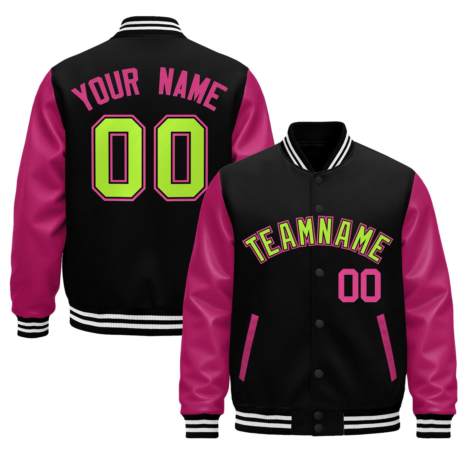 Custom Black Pink White Neon Green Raglan Sleeves Varsity Full-Snap Leather Sleeves Letterman Jacket| KXKSHOP