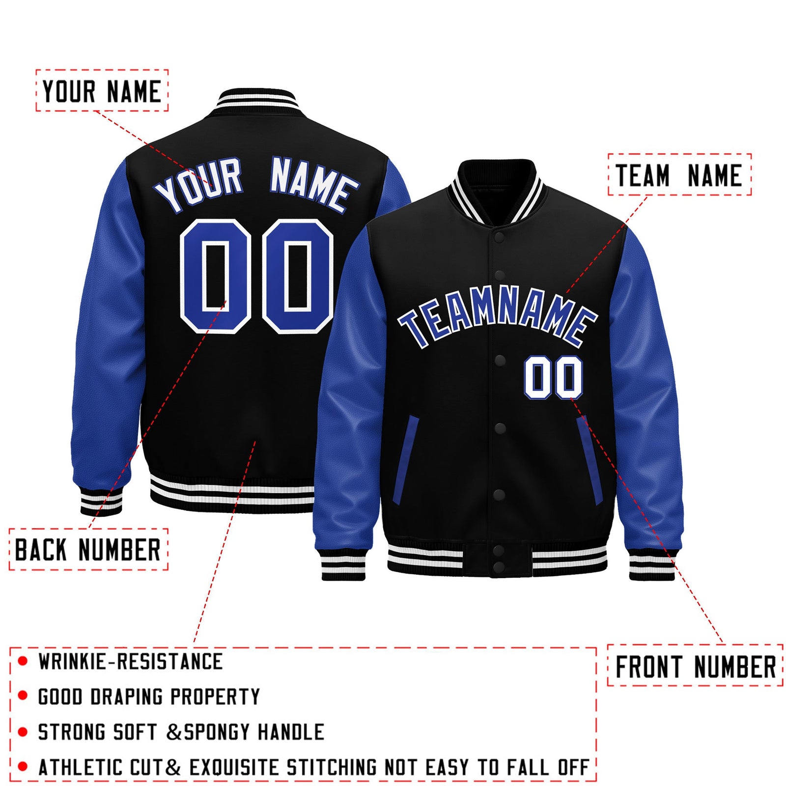 Custom Black Royal Blue White Raglan Sleeves Varsity Full-Snap Leather Sleeves Letterman Jacket| KXKSHOP