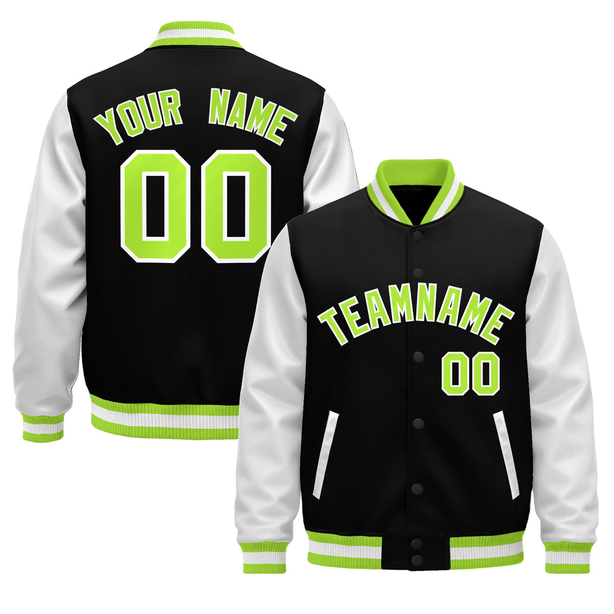 Custom Black Neon Green White Raglan Sleeves Varsity Full-Snap Leather Sleeves Letterman Jacket| KXKSHOP