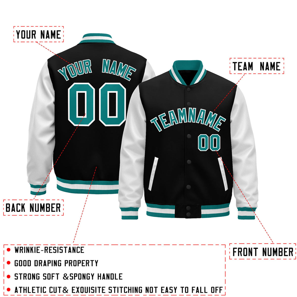 Custom Black Teal White Raglan Sleeves Varsity Full-Snap Leather Sleeves Letterman Jacket| KXKSHOP
