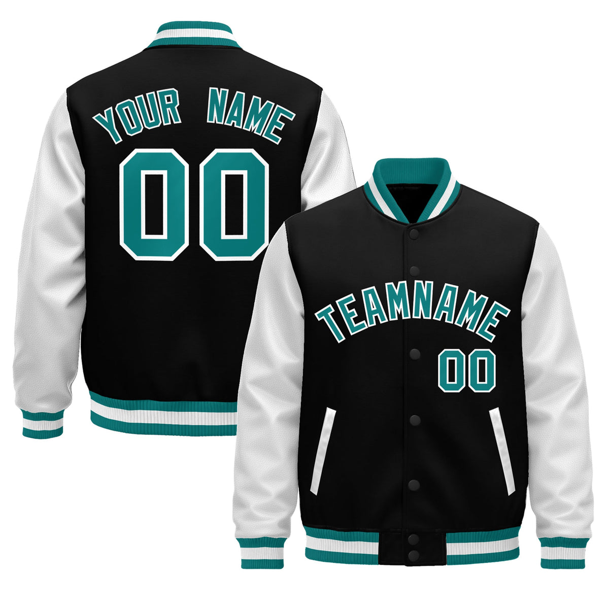 Custom Black Teal White Raglan Sleeves Varsity Full-Snap Leather Sleeves Letterman Jacket| KXKSHOP