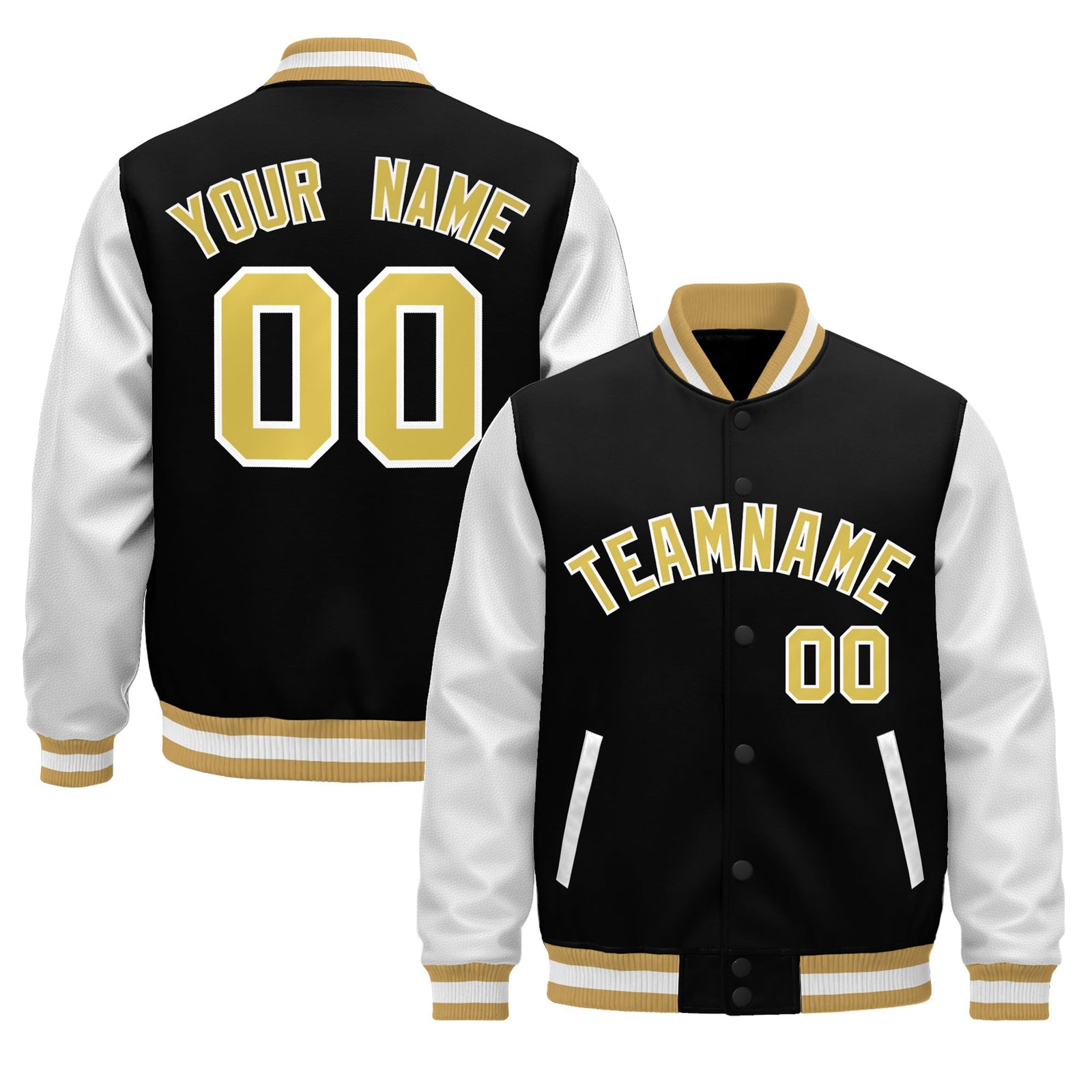 Custom Black Old Gold White Raglan Sleeves Varsity Full-Snap Leather Sleeves Letterman Jacket| KXKSHOP