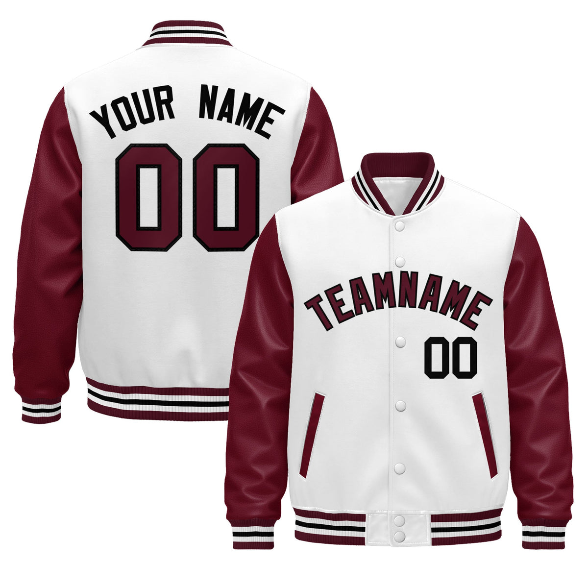 Custom Burgundy White Crimson Black Raglan Sleeves Varsity Full-Snap Leather Sleeves Letterman Jacket| KXKSHOP