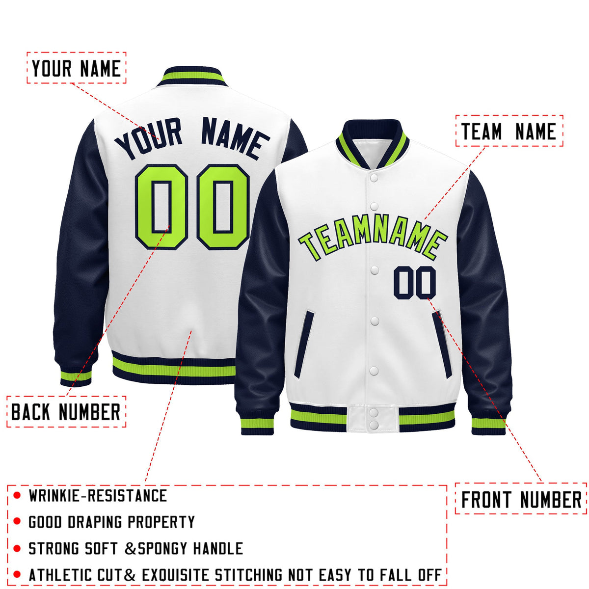 Custom Navy White Neon Green Raglan Sleeves Varsity Full-Snap Leather Sleeves Letterman Jacket| KXKSHOP