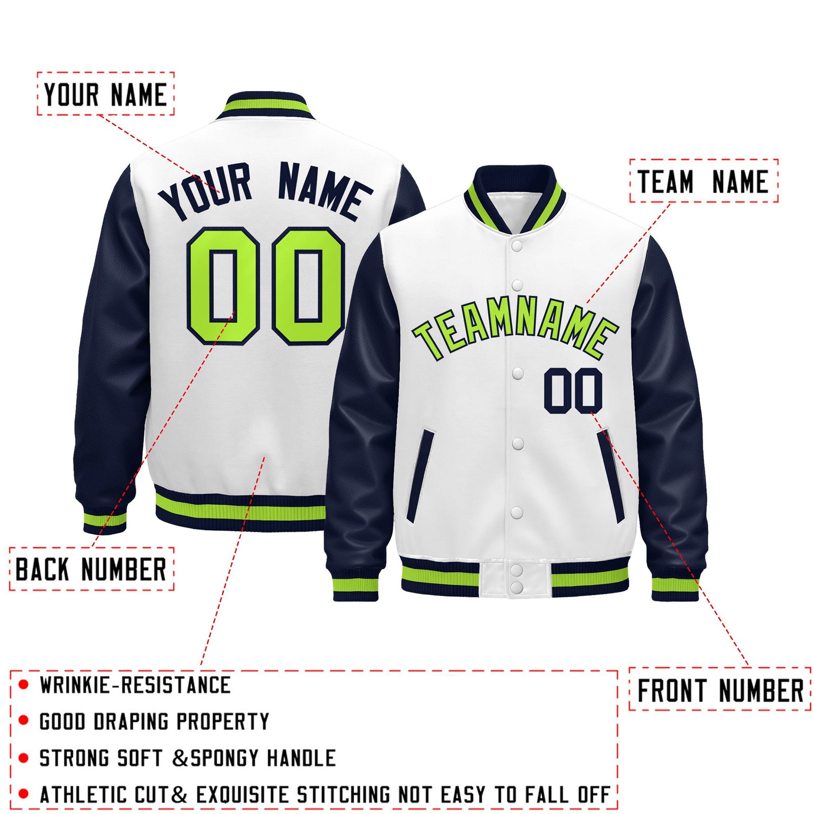 Custom Navy White Neon Green Raglan Sleeves Varsity Full-Snap Leather Sleeves Letterman Jacket| KXKSHOP
