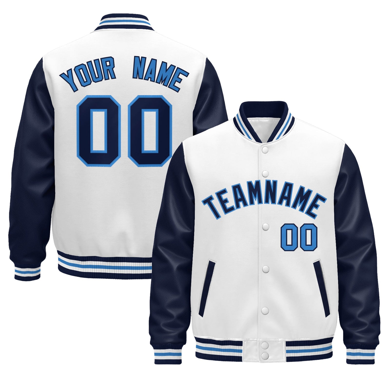 Custom Navy White Powder Blue Raglan Sleeves Varsity Full-Snap Leather Sleeves Letterman Jacket| KXKSHOP