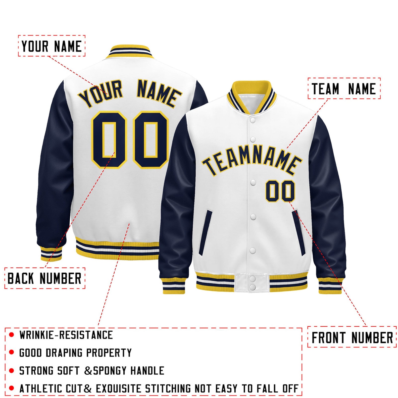 Custom Navy White Gold Raglan Sleeves Varsity Full-Snap Leather Sleeves Letterman Jacket| KXKSHOP