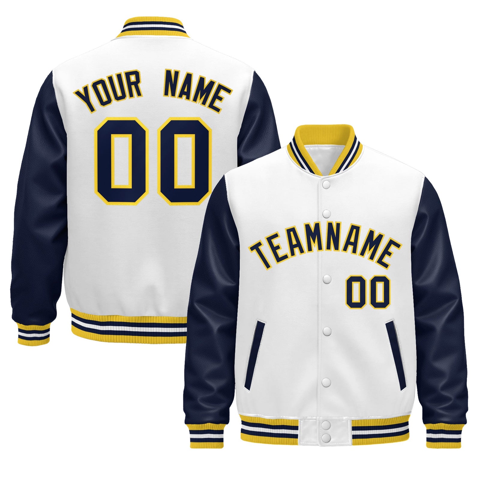 Custom Navy White Gold Raglan Sleeves Varsity Full-Snap Leather Sleeves Letterman Jacket| KXKSHOP