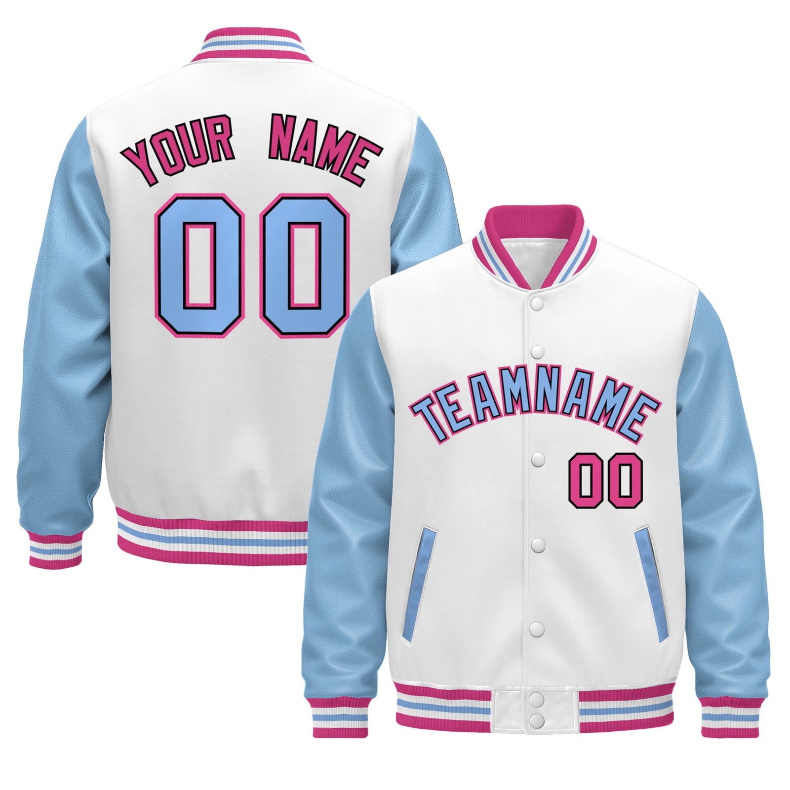 Custom White Light Blue Pink Raglan Sleeves Varsity Full-Snap Leather Sleeves Letterman Jacket| KXKSHOP