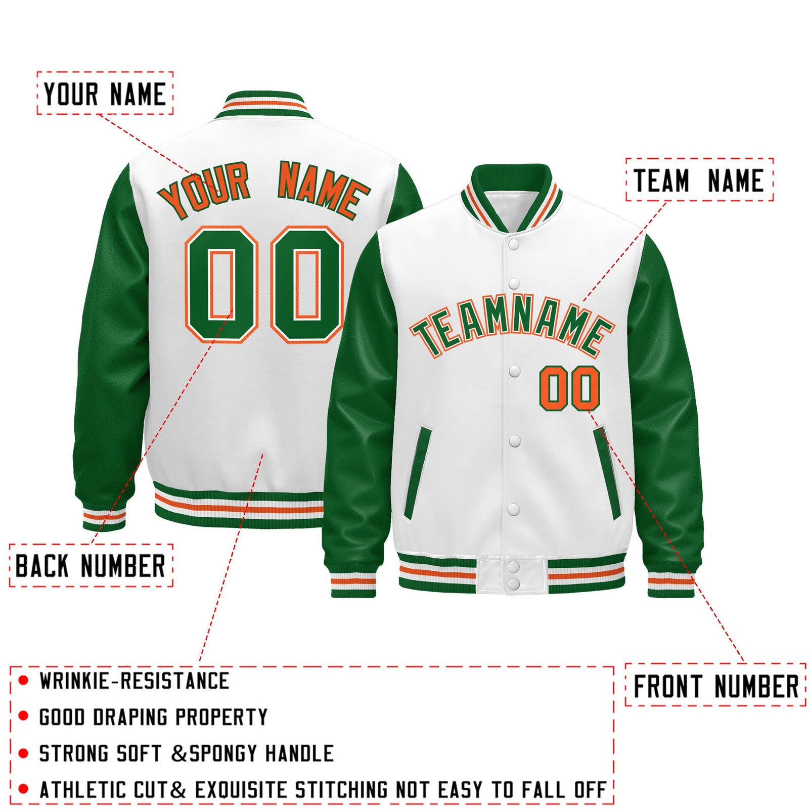 Custom White Kelly Green Orange Raglan Sleeves Varsity Full-Snap Leather Sleeves Letterman Jacket| KXKSHOP