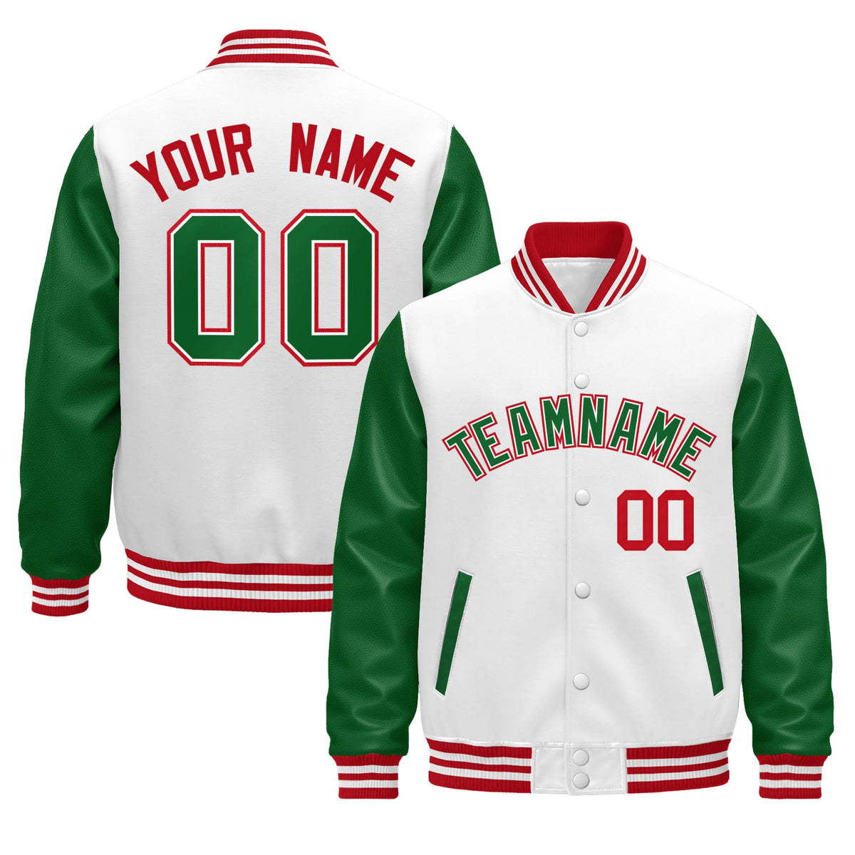 Custom Kelly Green White Red Raglan Sleeves Varsity Full-Snap Letterman Jacket| KXKSHOP