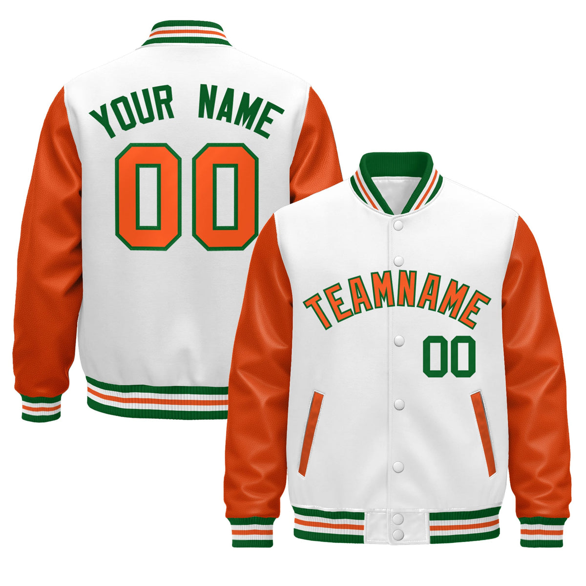 Custom White Orange Kelly Green Raglan Sleeves Varsity Full-Snap Letterman Jacket| KXKSHOP